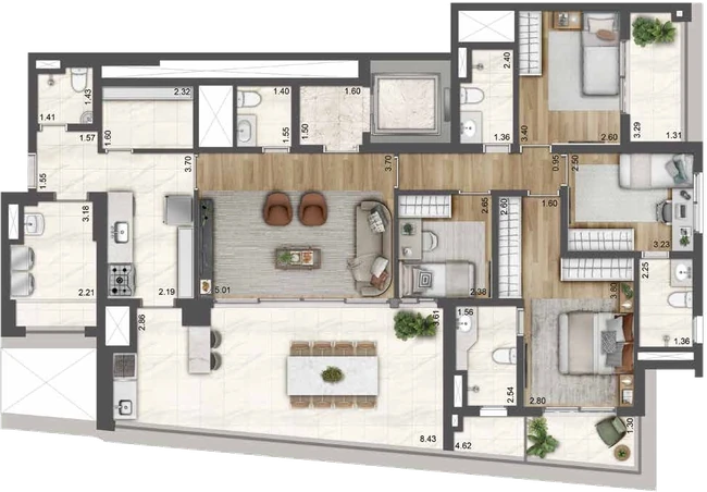 Planta 162 m² — 162 m², 4 dorms. (2 suítes)